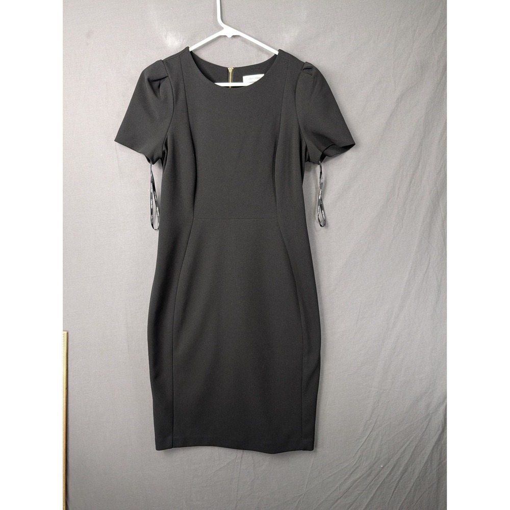Calvin Klein Black Short Sleeve Sheath Dress Size 8 Gold Zipper LBD Professional